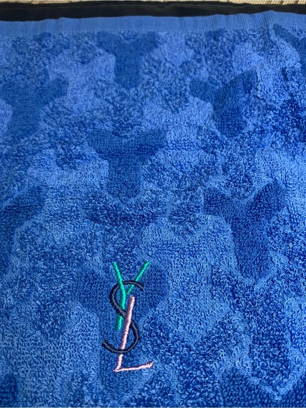 Yves Saint Laurent Blue Towel with Teal, Pink & Black Accents